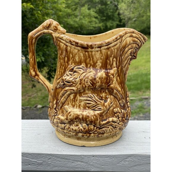 Rare Antique Bennington Rockingham Dog Handle Hunt Scene Pitcher Yellow ware - Picture 15 of 16